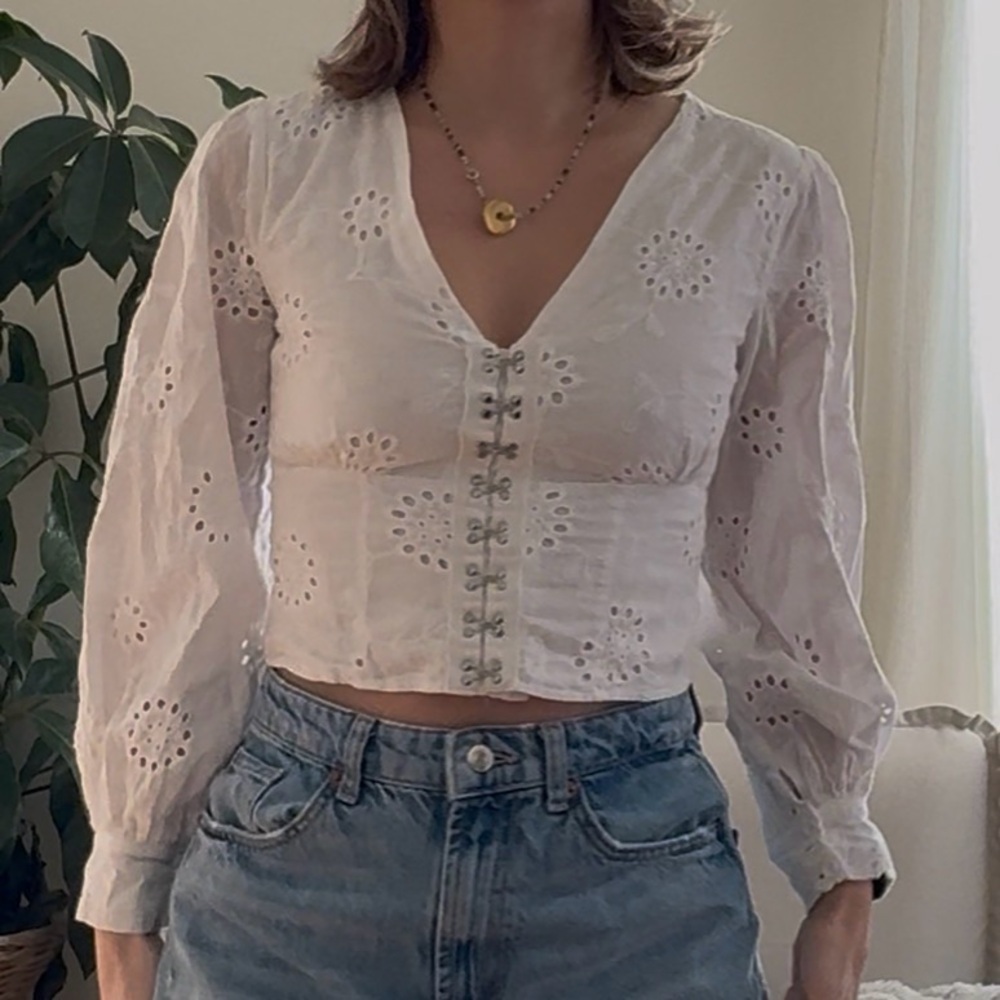 Nasty Gal White Eyelet Lace-Up Peplum Blouse